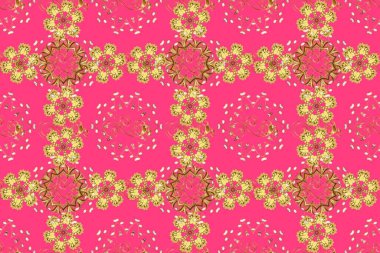 Antika altın tekrarlanabilir duvar kağıdı. Damask pürüzsüz yineleme kalıbı. Barok tarzında altın çiçekli süs. Pembe ve sarı renklerdeki altın element.