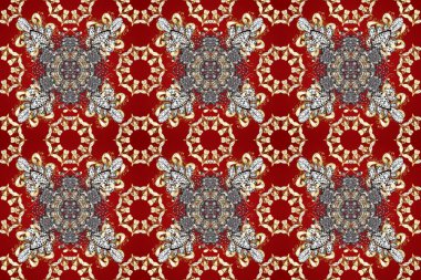 Altın antika ortaçağ dekoratifi, yapraklar ve kırmızı, gri ve kahverengi renkte altın desenli süslemeleri olan dikişsiz bir şablon. Kusursuz kraliyet lüksü, altın barok kumaş rengi..