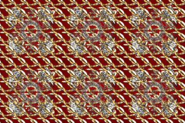 Altın antika ortaçağ dekoratifi, kırmızı, kahverengi ve bej renklerinde yapraklar ve altın desenli süslemeler içeren pürüzsüz bir desen. Kusursuz kraliyet lüksü, altın barok kumaş rengi..