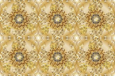 Kış kar dokusu duvar kağıdı. Sarı ve bej renkli altın kar taneleri. Sembol bayramı, yeni yıl kutlamaları, altın desenler. Noel altın kar taneleri kusursuz desen.