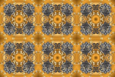 Doğulu tarzı. Gri, sarı, kahverengi ve altın elementli kusursuz desenler. Hassas altın deseni açın. Raster. Parlak dantel, stilize çiçekler, şal desenli. Kusursuz altın dokular bukleler.