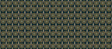 Altın element mavi, kahverengi ve bej renklerinde. Damask arkaplanı tekerrür ediyor. Antika altın tekrarlanabilir duvar kağıdı. Barok tarzında altın çiçek süsü..