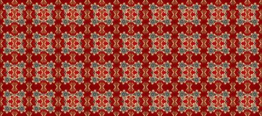 Geleneksel raster ve altın desen. Damask pürüzsüz süsü. Klasik oryantal desen kırmızı, kahverengi ve bej renkler üzerine.