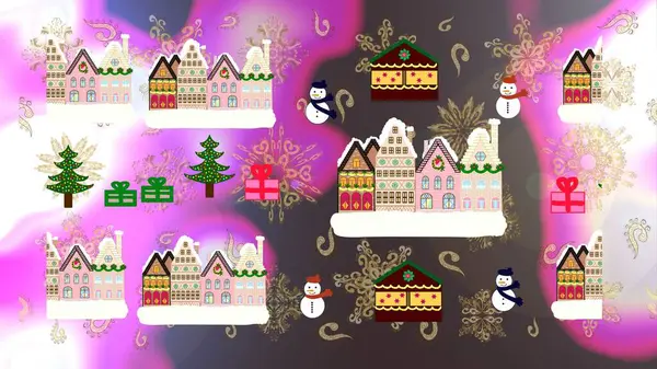 stock image Christmas illustration on neutral, brown and pink colors. Raster pattern with various cartoon houses. Raster illustration.