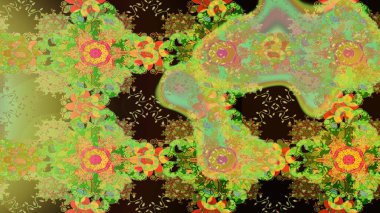 Sevimli çiçek raster deseni. Yeşil, sarı ve kahverengi renkli çiçekler. Renkli Bahar Teması eskiz kalıbı. Düz Çiçek Elementleri Tasarımı.