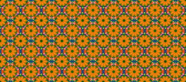 Çiçekli ipek eşarp. Turuncu, yeşil ve pembe turuncu, yeşil, pembe. 1950-1960 motifleri. Retro tekstil tasarım koleksiyonu. El çizimi çiçek elementleriyle soyut, dikişsiz raster deseni..