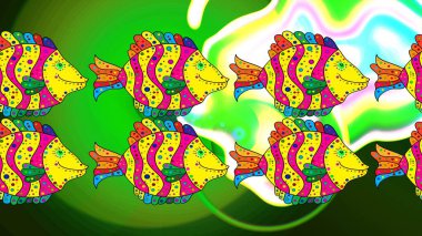 Yeşil, sarı ve morumsu balıklar. Raster illüstrasyonu. Süslü balıkların çizim deseni.