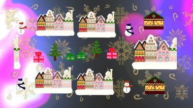 Amazing Decorated house decorated at christmas of christmas neutral, gray and violet colors in magical forest and hills. Unusual christmas illustration postcard. Raster. clipart