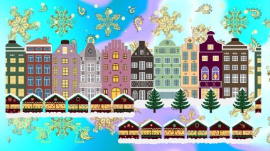 Amazing fairy house decorated at christmas in magical forest. Unusual christmas illustration postcard on neutral, blue and brown colors. Raster illustration. clipart