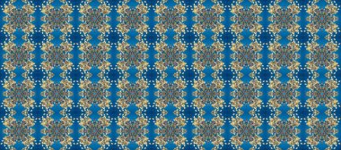 Mavi, gri ve bej renkli desen. Kına dövmeli süs çiçekleri, altın çıkartmalar, mehndi ve yoga tasarımı, kartlar ve parmak izleri. Raster altın mehndi kusursuz desen.