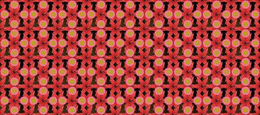 Pembe, kırmızı ve turuncu renklerde altın element. Barok tarzında altın rengi, kırmızı ve turuncu çiçek süsü. Antika altın tekrarlanabilir duvar kağıdı. Damask deseni arka planı tekrarlıyor.