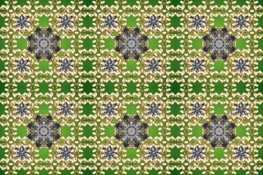 Arkaplan, kumaş, altın duvar kağıdı. Raster altın pürüzsüz desen. Altın rengi bej, yeşil ve gri renkte altın elementler. Düz elle çizilmiş vintage koleksiyonu.