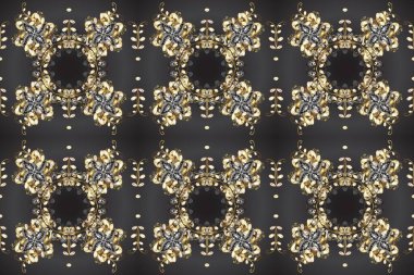 Kahverengi, bej ve gri renklerde altın element. Barok tarzında altın çiçek süsü. Damask arkaplanı tekerrür ediyor. Antika altın tekrarlanabilir duvar kağıdı.