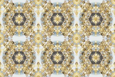 Gri, bej ve altın elementli nötr renklerde kusursuz desen. Raster illüstrasyonu. Geleneksel oryantasyon süsü. Klasik klasik klasik arka plan. Kusursuz klasik raster altın desenli.
