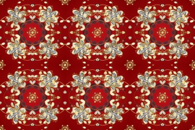 Doku arka planında altın duvar kâğıdı. Damask kusursuz yinelenen arkaplan. Barok tarzında altın çiçekli süs. Bej, kahverengi ve kırmızı renklerde altın element.