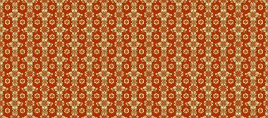 Barok tarzında duvar kağıdı tasarımı için kusursuz damaske deseni arkaplanı. Süslü raster dekorasyonu. Altın desenli turuncu, bej ve kahverengi altın elementli.