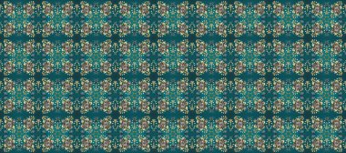 Kusursuz desenli oryantal süs. Raster altın tekstil baskısı. İslam tasarımı. Çiçek kiremitleri. Altın desenli yeşil, gri ve mavi altın elementlerle.