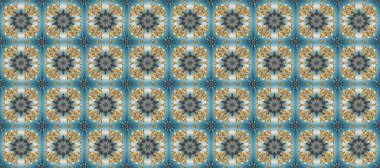 Çizgi sanatı tasarım şablonu için kusursuz sınır. Altın desenli çiçek dekoru. Davetiyeler, kartlar, web sayfası için Raster illüstrasyon. Doğu tarzı element. Mavi, gri ve nötr renklerde altın element.