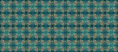 Kusursuz desenli oryantal süs. Raster altın tekstil baskısı. İslam tasarımı. Çiçek kiremitleri. Altın desenli yeşil, gri ve mavi altın elementlerle.