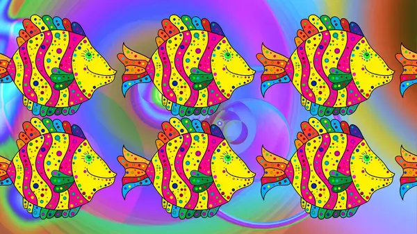 stock image Raster. Stylized raster cute color fish for children textile, wrapping paper, swimsuit cloth, package. Fishes on yellow, violet, blue. Marine kids sketch pattern with colorful cartoon fishes in water.