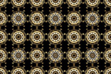 Klasik klasik klasik arka plan. Klasik raster sarısı, kusursuz desen. Siyah, kahverengi ve bej renklerde altın elementlerle kusursuz desen. Geleneksel oryantasyon süsü.