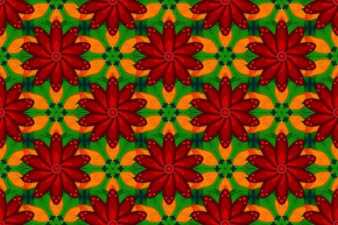 Raster deseni. Soyut çiçek desensiz arkaplan. Raster illüstrasyonu. Küçük çiçekteki sevimli çiçek deseni. Kırmızı, yeşil ve turuncu renklerde.