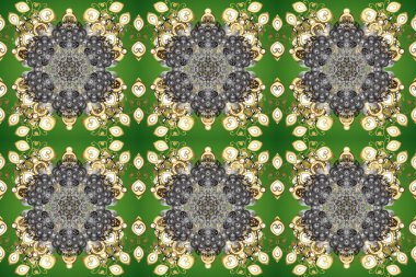Damask pürüzsüz süsü. Klasik oryantal desen yeşil, gri ve bej renkler üzerinde. Geleneksel raster ve altın desen.