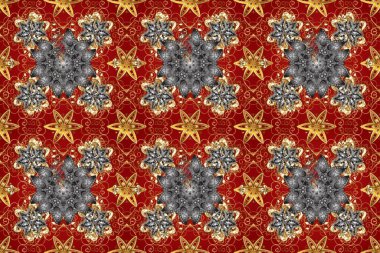 Kırmızı, gri ve kahverengi renklerde altın desenli altın elementler. Raster altın tekstil baskısı. Çiçek kiremitleri. Kusursuz desenli oryantal süs. İslam tasarımı.