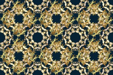 Klasik barok çiçekli, altın rengi, mavi ve kahverengi desenli. Lüks, kraliyet ve Viktorya dönemi konsepti. Süslü raster dekorasyonu. Mavi ve kahverengi renklerde altın element.