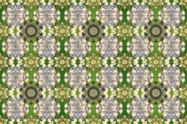 Raster illüstrasyonu. Altın şablon. Klasik çiçek dokusu. Yeşil, gri ve bej renklerde Royal retro. Kart, duvar kağıdı, ambalaj ve tekstil için klasik tasarım. Kusursuz desenli altın elementler.