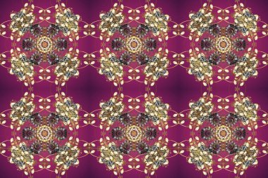 Raster oryantal süs. Barok tarzında kusursuz bir doğulu süsü. Geleneksel klasik altın desen. Mor, kahverengi ve bej renklerdeki altın desenli altın elementler.