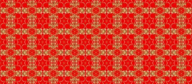 Raster geometrik arka plan. Kırmızı, turuncu ve bej renklerinde, altın çiçekli altın desenler. Senin tasarımın için, duvar kağıdı. Altın rengi kusursuz illüstrasyon.