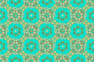 Doğu tarzı arabesk. Raster illüstrasyonu. Kusursuz altın desenli bukleler. Altın elementli mavi, nötr ve yeşil renkler. Raster altın desen.