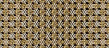 Beyaz ve kahverengi renklerde altın elementlerle kusursuz desen. Parlak dantel, stilize çiçekler, şal desenli. Doğu tarzı arabesk. Altın şablonu açın. Kusursuz altın desenli bukleler. Raster..