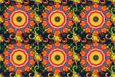 Soyut etnik raster kusursuz desen. Arkaplan dokusu, duvar kağıdı, çiçek teması mavi, turuncu ve sarı renkler. Kabile sanatı boho baskısı, klasik çiçek arkaplanı.