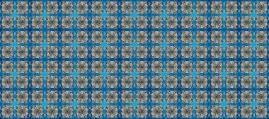 Parlak dantel, stilize çiçekler, şal desenli. Raster. Doğu tarzı arabesk. Mavi üzerinde pürüzsüz desen, altın elementli gri renkler. Hassas altın deseni açın. Kusursuz altın dokular bukleler