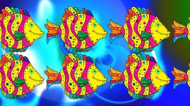 Raster. Modern stil dokusu. Balıklarla geometrik fayanslar tekrarlanıyor. Mavi, sarı ve yeşilde balıklar. Çizim deseni.