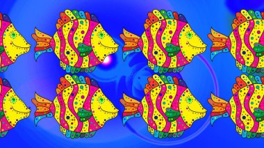 Mavi, sarı ve morumsu balıklar. Robot resim. El çizimi. Balık karalama stili. Raster illüstrasyonu.