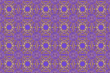 Geleneksel oryantasyon süsü. Kusursuz klasik raster mor, nötr ve mor ve altın desenli. Klasik vintage arkaplan.