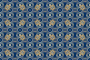 Mavi, nötr ve bej üzerine altın rengi klasik barok çiçeksiz desenler. Süslü raster dekorasyonu. Lüks, kraliyet ve Viktorya dönemi konsepti. Mavi, nötr ve bej renklerde altın element.