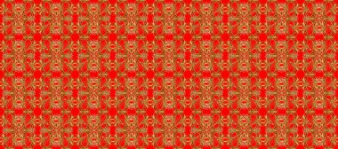 Raster illüstrasyonu. Kusursuz klasik raster altın desenli. Klasik klasik klasik arka plan. Kırmızı, kahverengi ve turuncu renklerde altın elementlerle kusursuz desen. Geleneksel oryantasyon süsü.