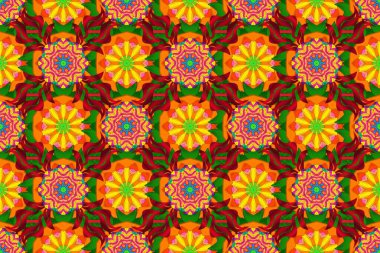 Renkli Yaz Temalı Kusursuz Arkaplan. Düz Çiçek Elementleri Tasarımı. Sevimli çiçek raster deseni. Yeşil, turuncu ve kırmızı renkte çiçekler.