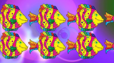 Skeç Balık desenli. Menekşe, sarı ve morumsu balıklar. El çizimi. Raster illüstrasyonu.