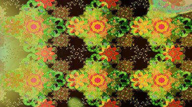 Kumaş desenli papatya çiçeği detayı. Yeşil, kahverengi ve sarı renkte çiçekler.