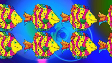 Raster illüstrasyonu. Mavi, sarı ve yeşil üzerine farklı bir tropikal balığın çizdiği sevimli desen..