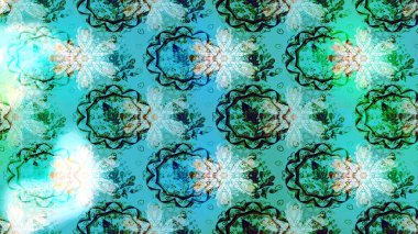 Mavi, yeşil ve nötr küçük çiçekler ve mavi, yeşil ve nötr renklerdeki komik böcekler, raster deseni, illüstrasyon.