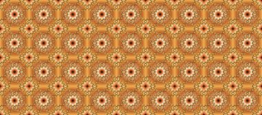 Turuncu, bej ve kahverengi renklerde altın elementlerle kusursuz desen. Klasik klasik klasik arka plan. Klasik raster sarısı, kusursuz desen. Geleneksel oryantasyon süsü.