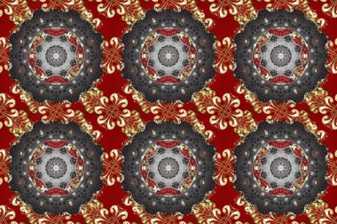 Damask pürüzsüz yineleme kalıbı. Antika altın tekrarlanabilir duvar kağıdı. Barok tarzında altın çiçekli süs. Gri, kırmızı ve kahverengi renklerde altın element.