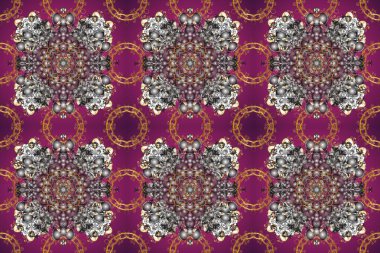 Damask arkaplanı. Barok tarzında altın çiçekli süs. Altın çiçekli, pürüzsüz desen. Mor, gri ve kahverengi renklerde altın bir element.