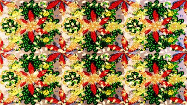 Parlak renkli çiçekleri ve sarı, bej ve siyah renkte yaprakları olan harika bir çiçek deseni. Moda baskıları için zarif bir şablon. Modern çiçek arkaplanı. Halk stili.